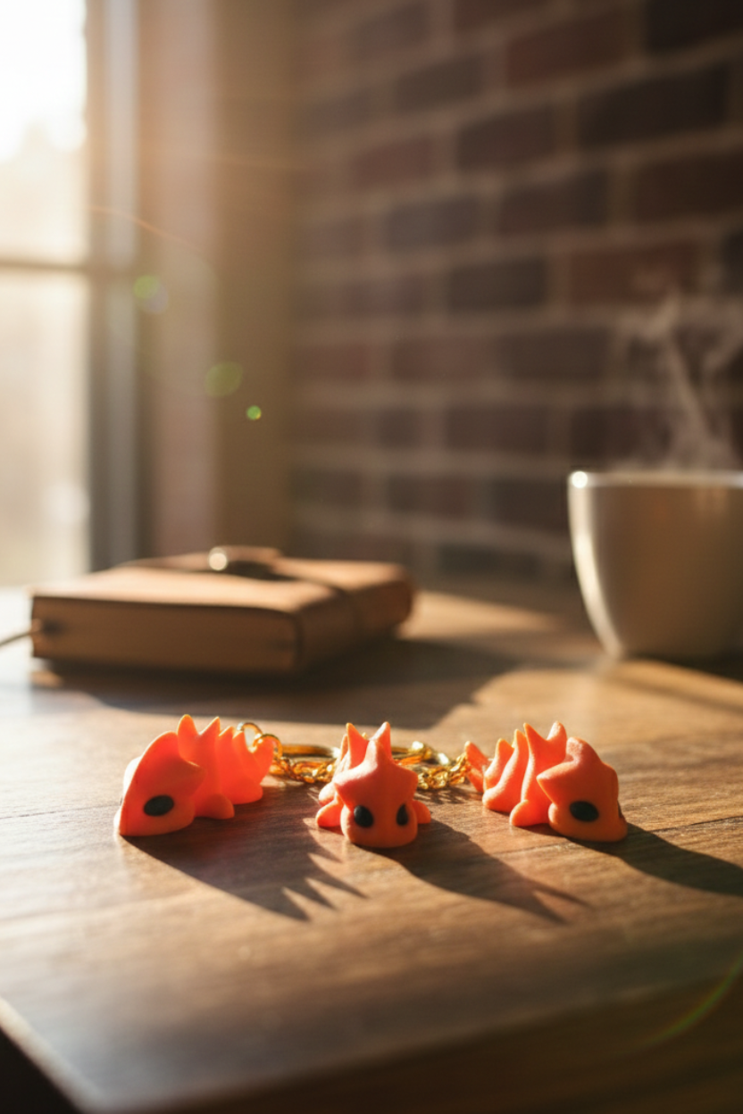 Three small orange figurines on a wooden surface with a brick wall and cup in the background.